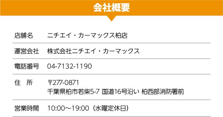 会社概要:ニチエイ・カーマックス柏店